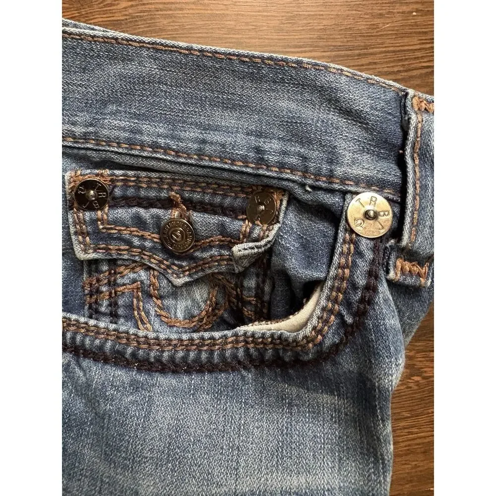 Vtg True Religion Big T Jeans 42x35 Faded Light Blue Flap Pocket Bootcut USA